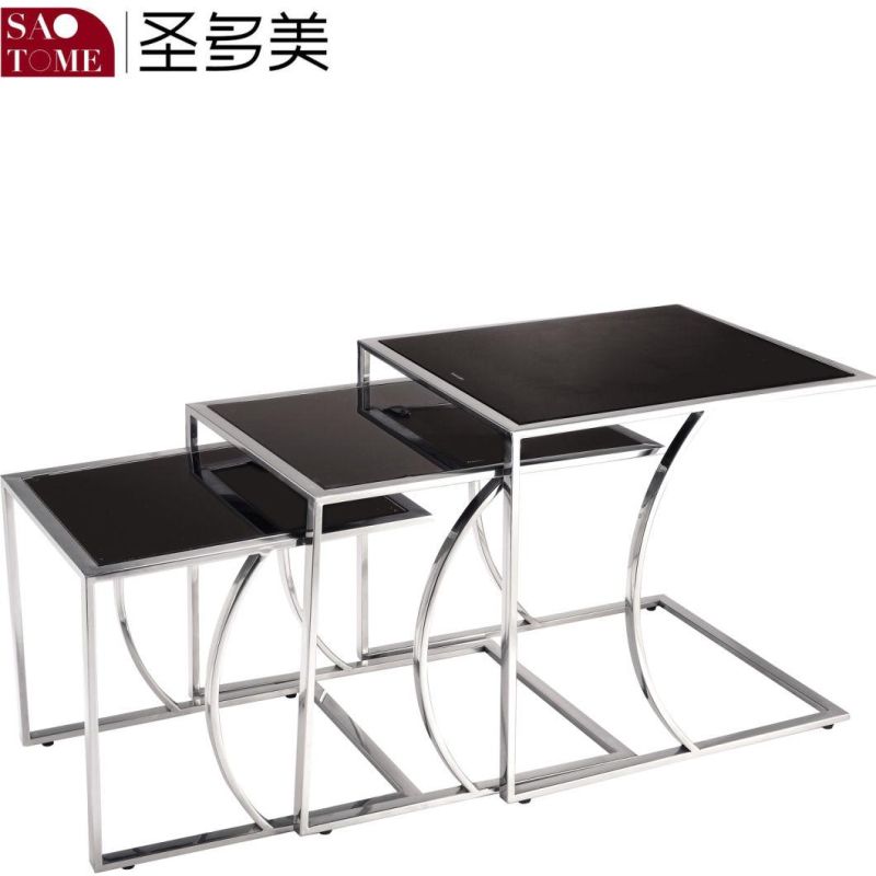 Modern Living Room Bedroom Furniture Stainless Steel Black Glass Nest Table