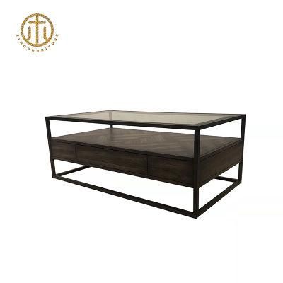 Industrial Style Simple Glass Countertop Brown Solid Wood Coffee Table