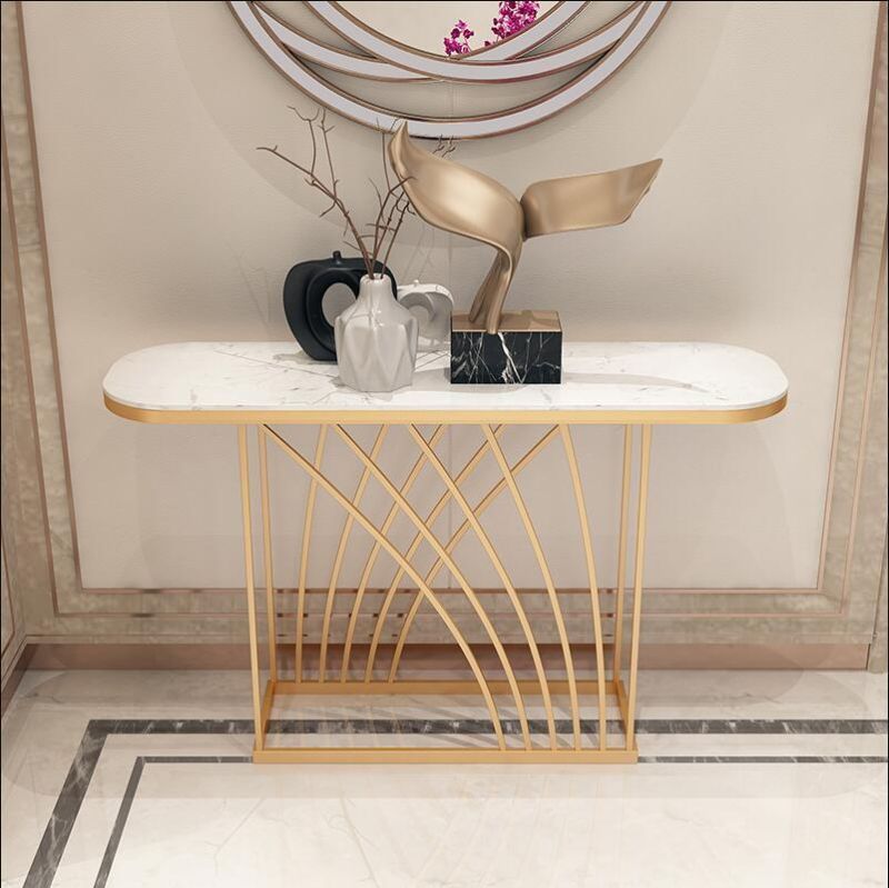 Yuhai Factory Price Newest Luxury Design European French Gold Metal Frame Marble Rock Beam Top Console Table