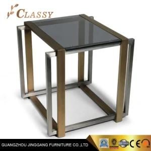Modern Cubic Square Glass Side Table with Stainless Steel Frame Manufacturer