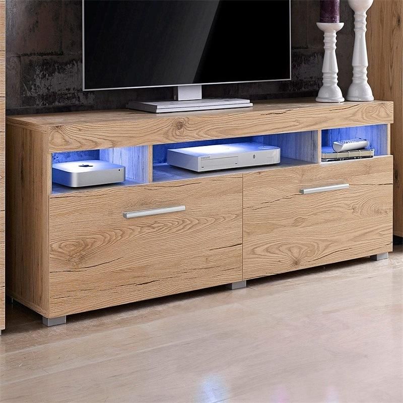 Custom Modern LED Light Brown Wood TV Stand with 2 Large Cabinets