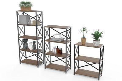 Living Room Furniture Bookcase Industrial Metal Frame Rack MDF Wooden Narrow Leaning Ladder Book Shelf Home Bookshelf