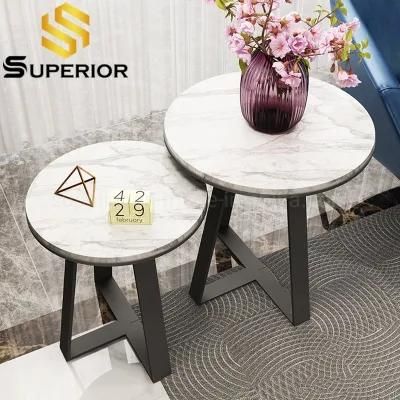 Stylish Living Room Black Metal Side Table with Marble