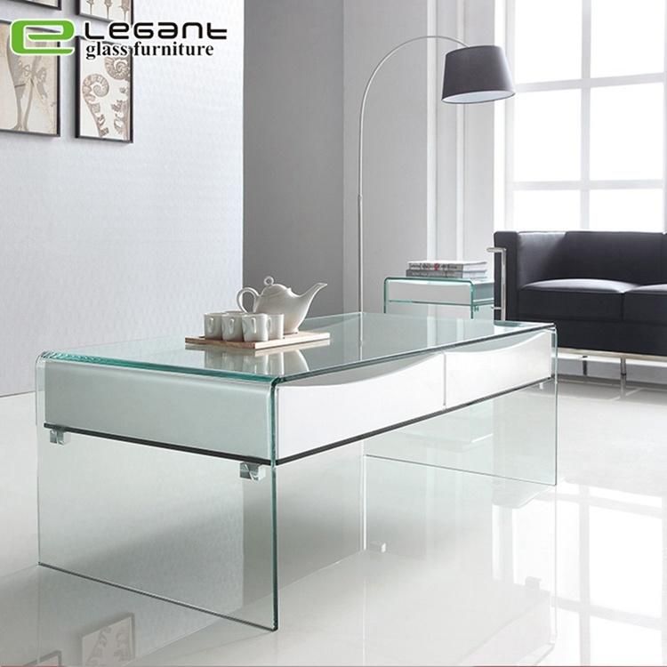 Clear Bent Glass Coffee Table with Wood Veneer Shelf