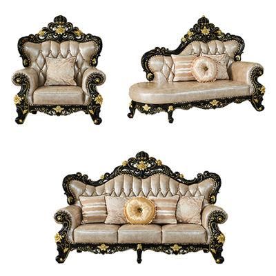 Wood Carved Real Leather Sofa Set in Optional Sofa Seats