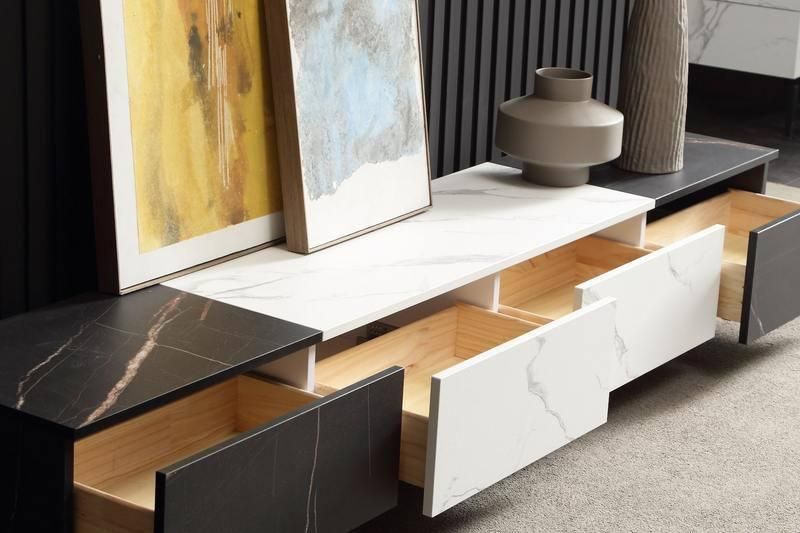 Black and White Marble Pattern Melamine Board and Solid Wood TV Cabinet