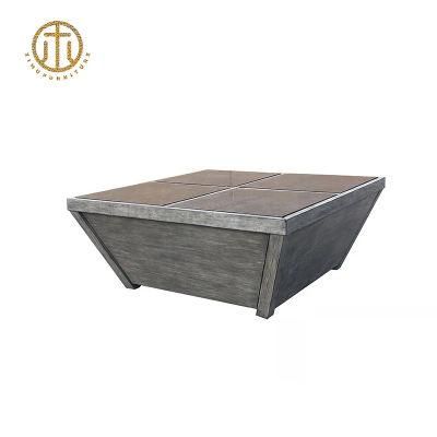 Marble Tabletop Dark Brown Color Wooden Square Coffee Table