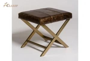 Ottoman Hudson Cross Matte Brass Stainless Steel and PU Leather Small Stool