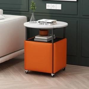 Marble Round Coffee Table Black Wooden Tabletop Metal Frame with Four Yellow Leather Surface Stools Magic Cube Tea Table