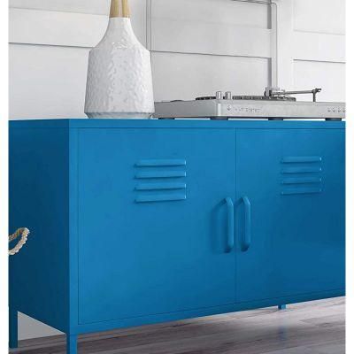 Easy Install Steel Storage Filing Cabinet Blue Steel TV Stand with Metal Legs and 2 Shelves