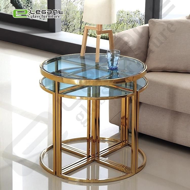 6mm Blue Tempered Round Glass Nesting Table / Side Table