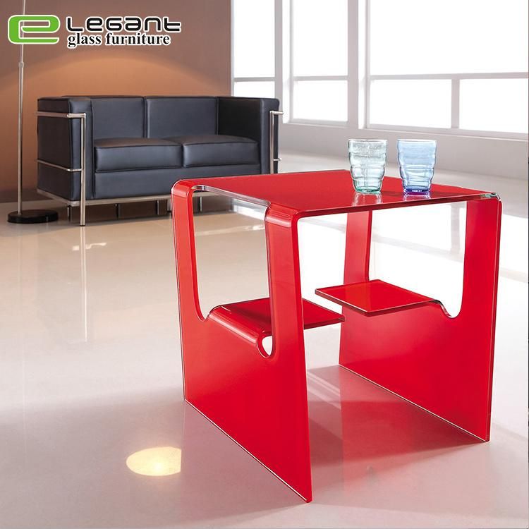 Red Color Curved Tempered Glass Tea Side Table