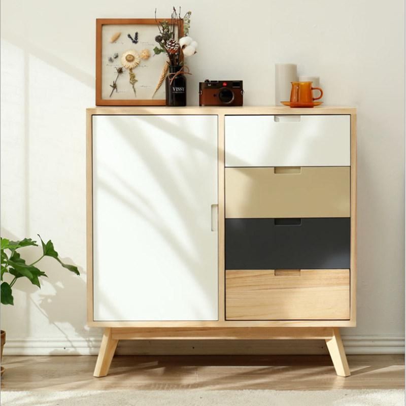 Modern Small Apartment Chest of Drawers with Door Solid Wood Bedroom Storage Cabinet 0512