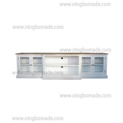 French Provincial Hunter Furniture Natural Ash Top Pure White Poplar Wood Base 4 Glass Doors TV Stand