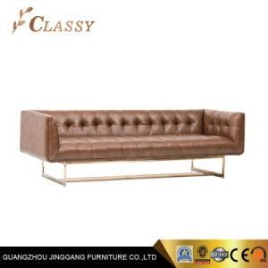 Stainless Steel Rose Gold Polished Finish Brown Leather Chesterfield Sofa for Living Room Furniture