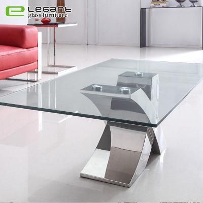 Clear Tempered Glass Coffee Table with Polished Stainless Steel Base