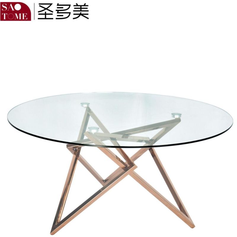 Round Coffee Table with Stainless Steel Transparent Glass Surface in Family Living Room