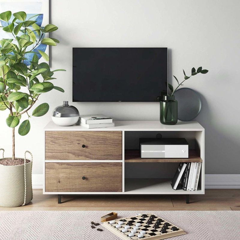 White+Wooden Modern Wood Furniture Oak Finished TV Stand with 2 Open Drawers for Living Room