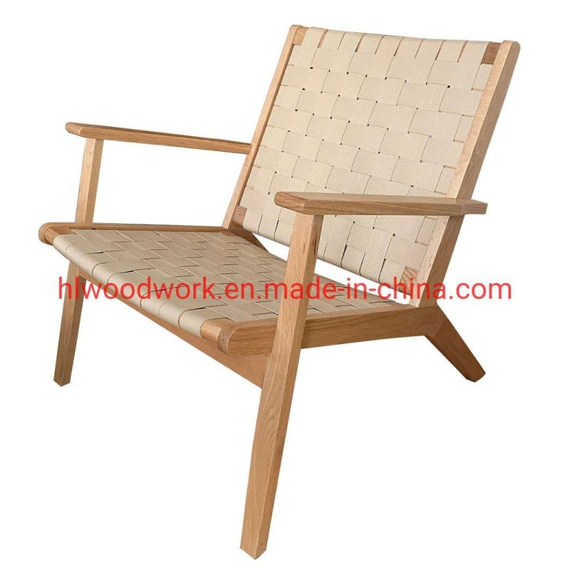 Saddle Chair Fabric Strip Woven with Arm, Ash Wood Frame Natural Color with Woven Fabric Strip Living Room Furniture Coffee Shope Chair Furniture Leisure Chair