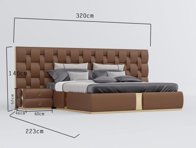 Light Luxury King Size Genuine Leather Platform Bed Wooden Home Hotel Bedroom Furniture with Nightstand