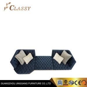 Elegance Living Room Sectional Chesterfield Sofa with Metal Golden Base and Blue Velvet