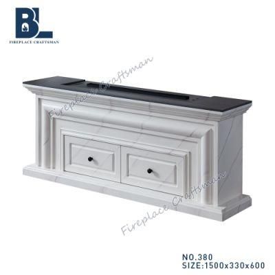 Cabinet storage White Wooden Granite Shelf TV Stand with Marble Top and Water Vapor Electric Fireplace LED Flame