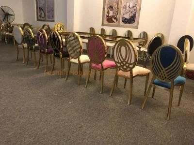 White Modern Wedding Furniture Glass Table Velvet Banquet Gold Chair with Pattern Decor Back