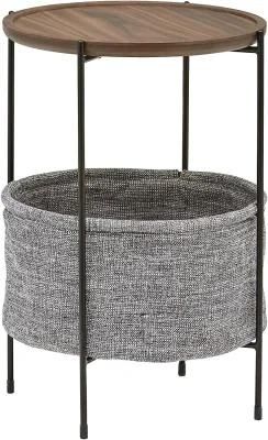 Round Side Table with Fabric Storage Basket, 24&quot;H, Walnut and Grey