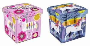 Unicorn Design Square Cube PU Leather and Wooden Folding Storage Seat Ottoman Stool