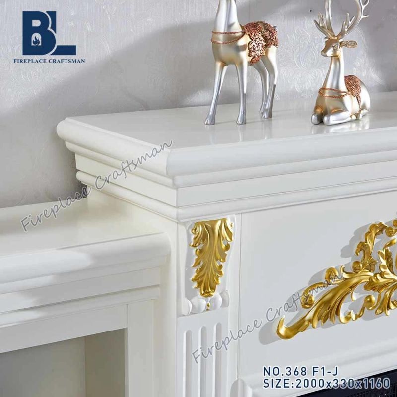 White Wooden Electric Fireplace Mantel Shelf Stand with Gold Resin Carving for Living Room Furniture