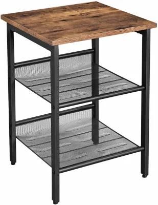 Rustic Brown Living Room Furniture End Tables with Double Shelfs
