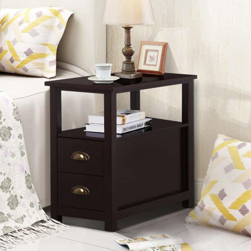 Narrow Chairside Coffee Tables with 2 Drawer and Shelf