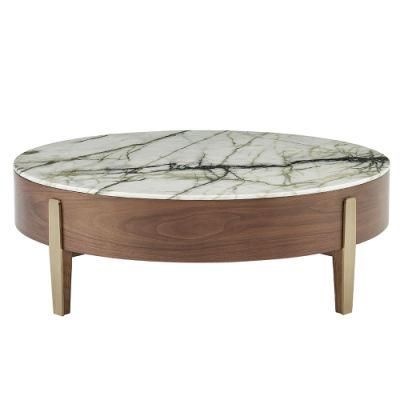 Luxury Modern Furniture Living Room Metal Marble Top Wooden Base Side Coffee Table