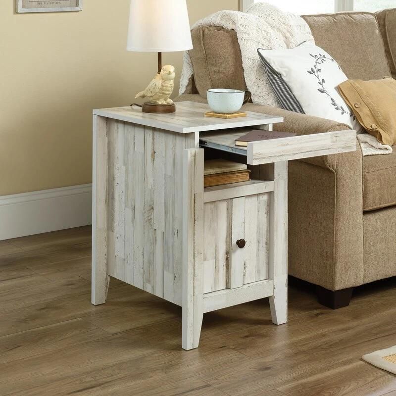 Home Furniture Set White Plank End Table Coffee Tables with Storage Door