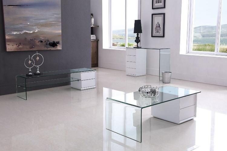 Clear Bent Glass Coffee Table Center Table with White Drawer