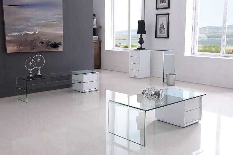 Clear Bent Glass Coffee Table Center Table with White Drawer