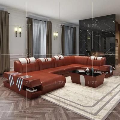 European Modern Design Sofa Furniture Set Living Room Functional LED Leather Sectional Couch