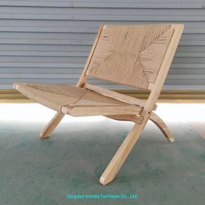 Reclining chair with rubber wood frame and hemp rope