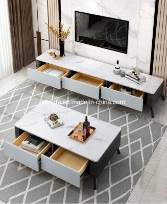 Modern Living Room Solid Wood Tea Table and TV Cabinet Set White Marble TV Stand