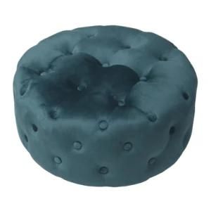 Knobby Button Design Cyan Velvet Upholstered Round Stool Ottoman Pouf