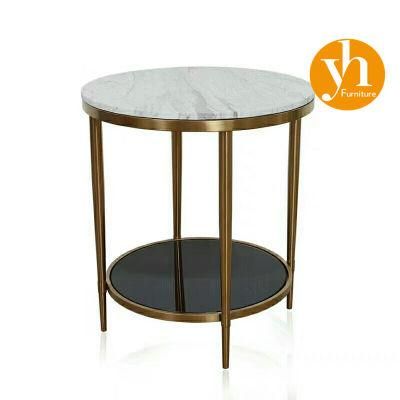 Modern Furniture Clear Tempered Glass Top Center Coffee Table with Two Layers Marble Top Stainless Steel Golden Color Coffee Side Table