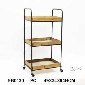 Movable 3-Tier Iron and Bamboo Storage Rack with Wheels BSCI Manufacturer/Supplier Furniture