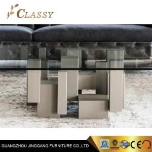 Tempered Glass Rectangle Living Room Center Coffee Table in Irregular Stainless Steel Base