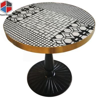 Wholesale Round Mosaic Coffee Table Top Golden Edge Black Wrought Iron Base