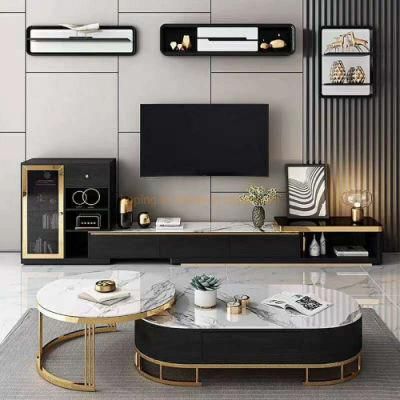 Antique Home Black Marble Rock Beam Top Golden Popular Coffee Table Set with Drawer