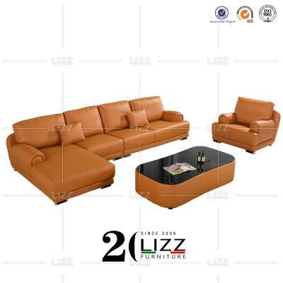 Living Room Leisure Sofa Furniture Genuine Leather Couch with Coffee Table