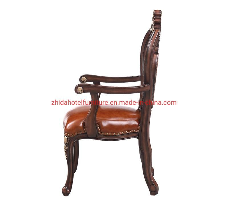 Hotel Lobby Antique Classic Wooden Leather Carved Living Room Chair