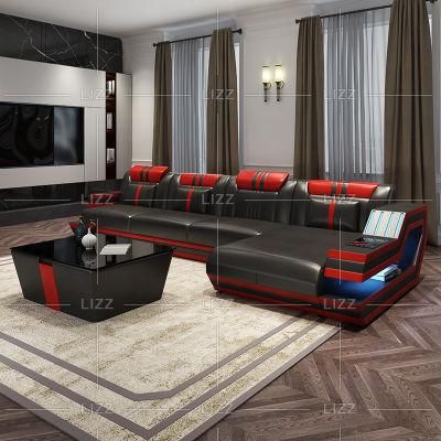 Modern Living Room Furniture Set Italian Leather LED Corner Sectional Sofa