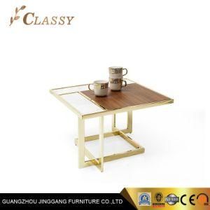 Square Dining Coffee Table with Wooden and Tempered Glass Top in Stainless Steel Base