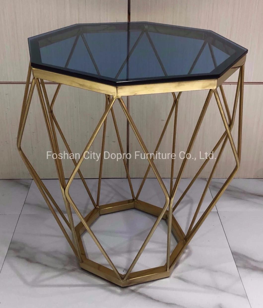 Simple Antique Polygon Blushed Brass Octagon Glass End Table